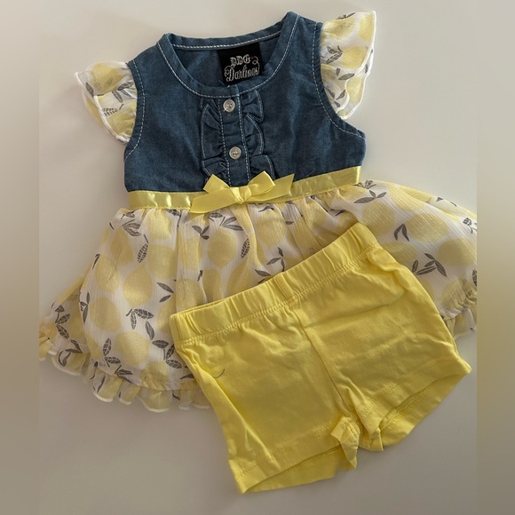 3-6 month old Denim Jean dress with attached yellow lemon pattern skirt - Picture 4 of 9